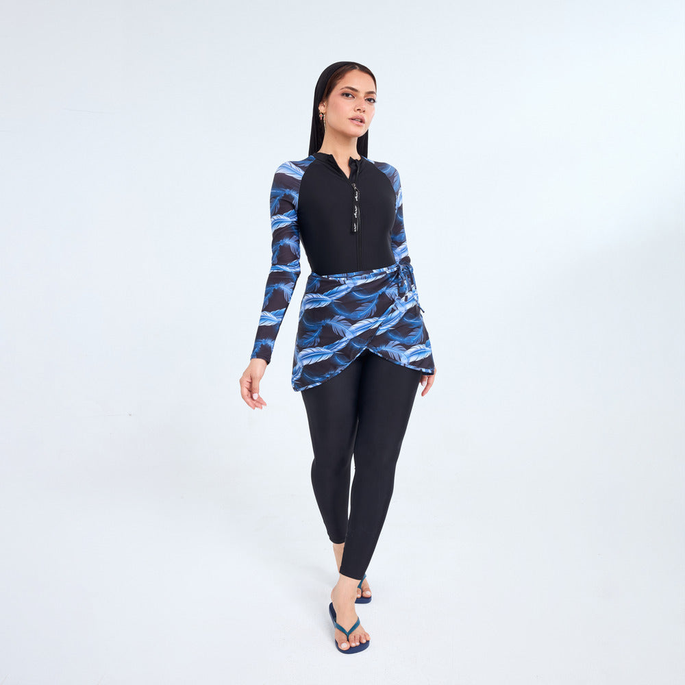 قميص مونيرا بأكمام طويلة وتنورة من ايروبيرد، باللونين الأسود والأزرق - قطعتين