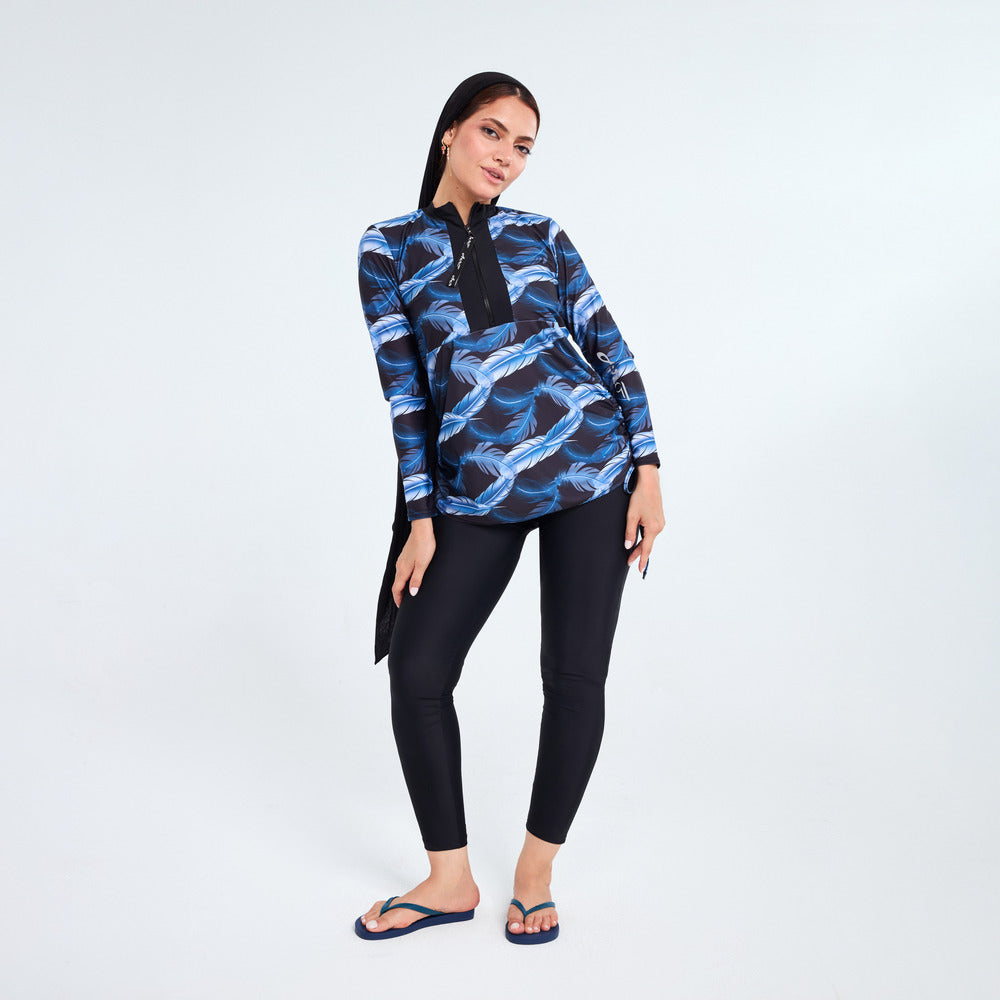 بلوزة سباحة أيروبيرد ماهيرا بأكمام طويلة للنساء، باللونين الأسود والأزرق الداكن