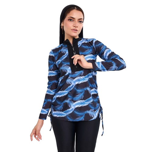 بلوزة سباحة أيروبيرد ماهيرا بأكمام طويلة للنساء، باللونين الأسود والأزرق الداكن