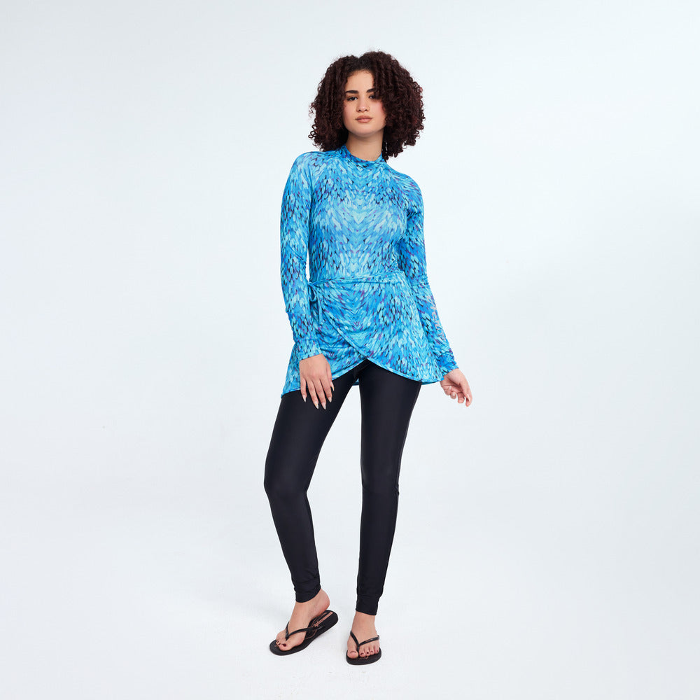 بدلة سباحة نبيلة من ايروبيرد بأكمام طويلة مع تنورة، فيروزي وأخضر مائي - قطعتان