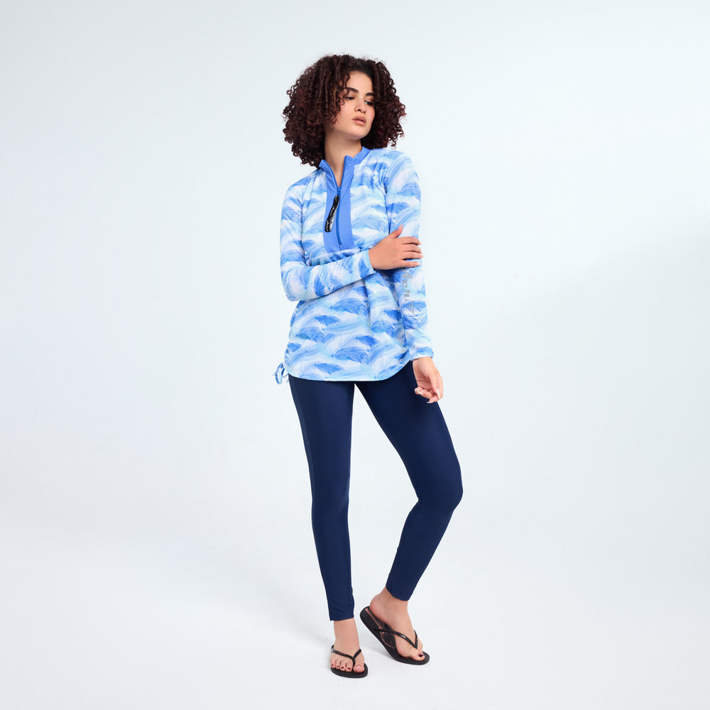 بلوزة سباحة أيروبيرد ماهيرا بأكمام طويلة للنساء، باللون الأزرق والأبيض المجمد