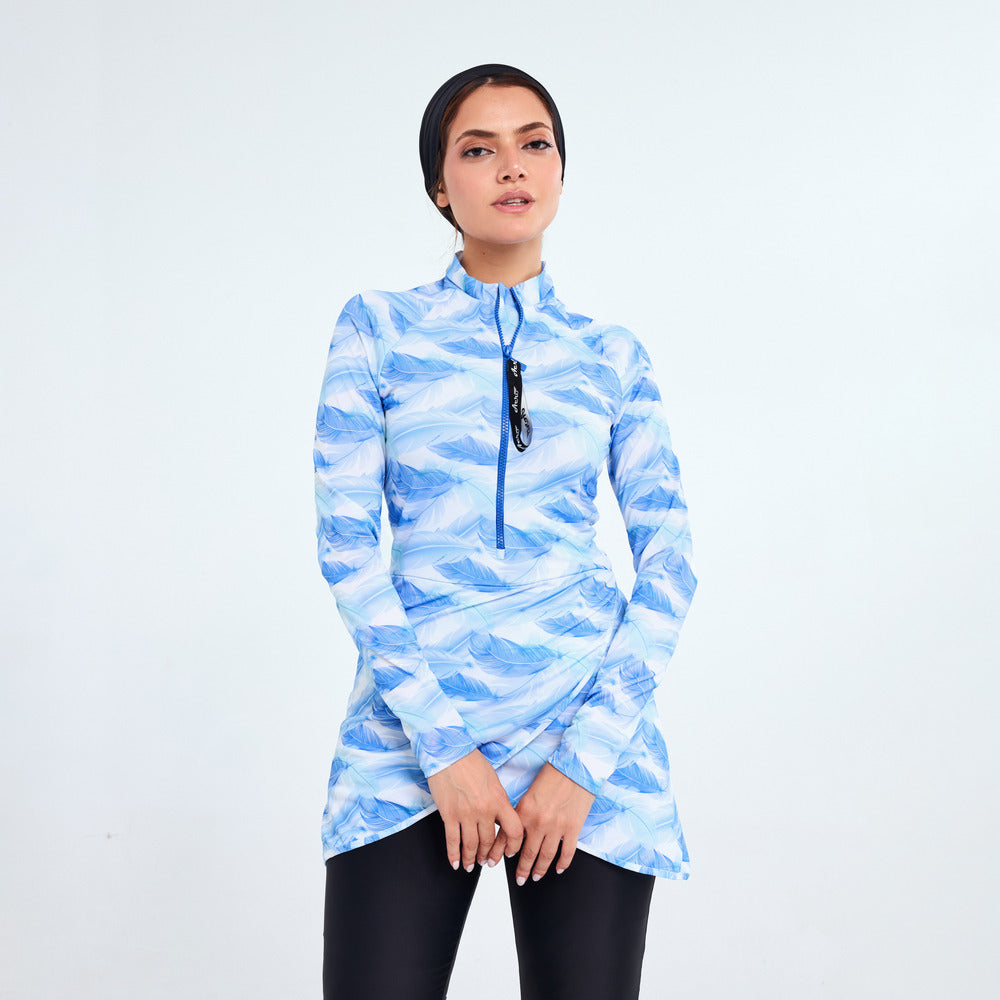 قميص سباحة فاديلا مع بنطلون للنساء من ايروبيرد، ازرق و ابيض مجمد - قطعتين