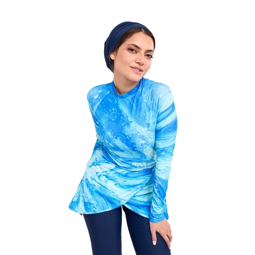 بدلة سباحة نبيلة بأكمام طويلة مع تنورة للنساء من ايروبيرد، ازرق اكوا - قطعتين