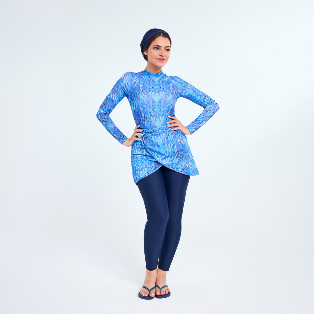 بدلة سباحة نبيلة من ايروبيرد بأكمام طويلة مع تنورة، أرجواني وأزرق - قطعتين