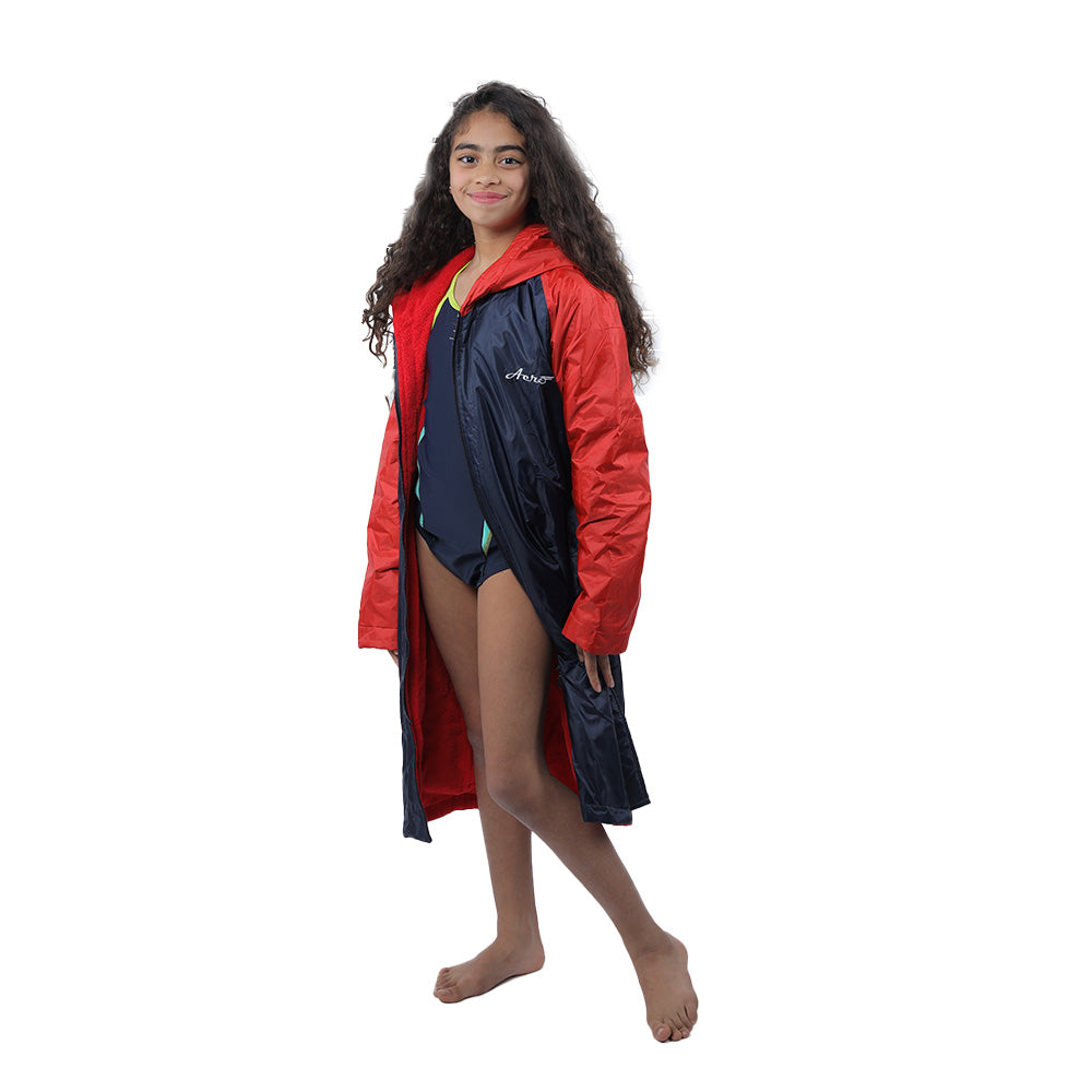 Aerobird Water Proof Robe with Sleeves & Hoodie For Kids, Navy & Red