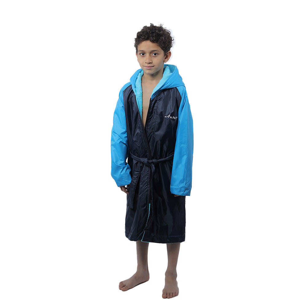 Aerobird Water Proof Robe with Sleeves & Hoodie For Kids, Navy & Turquoise