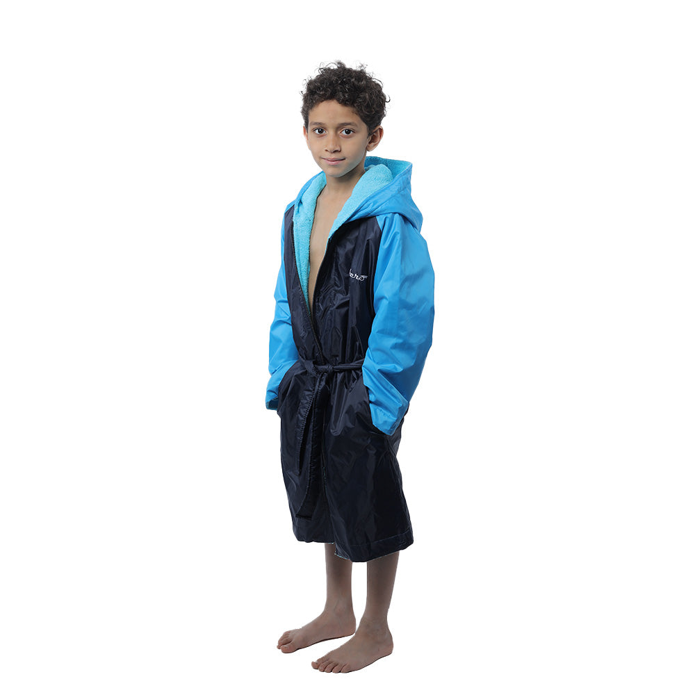 Aerobird Water Proof Robe with Sleeves & Hoodie For Kids, Navy & Turquoise