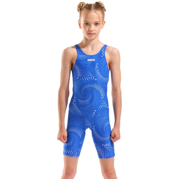 Arena Printed Full Body Swimsuit With Short (Straps) For Girls, Black Team Royal