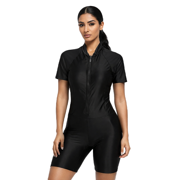 Trainetic Half Sleeves Swimsuit With Short For Women, Black
