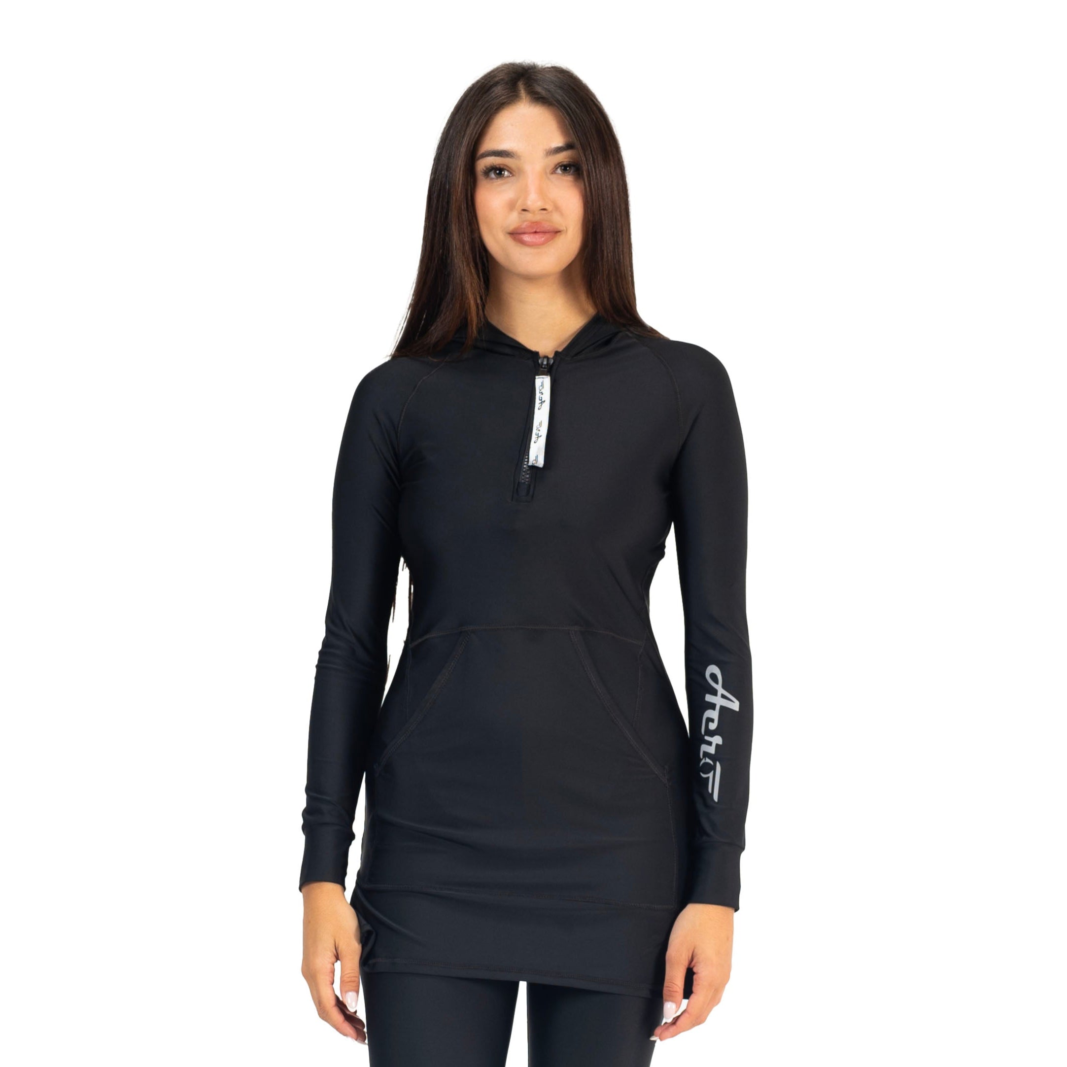 بلوزة أيروبيرد ماليكا بأكمام طويلة وغطاء رأس للنساء، أسود