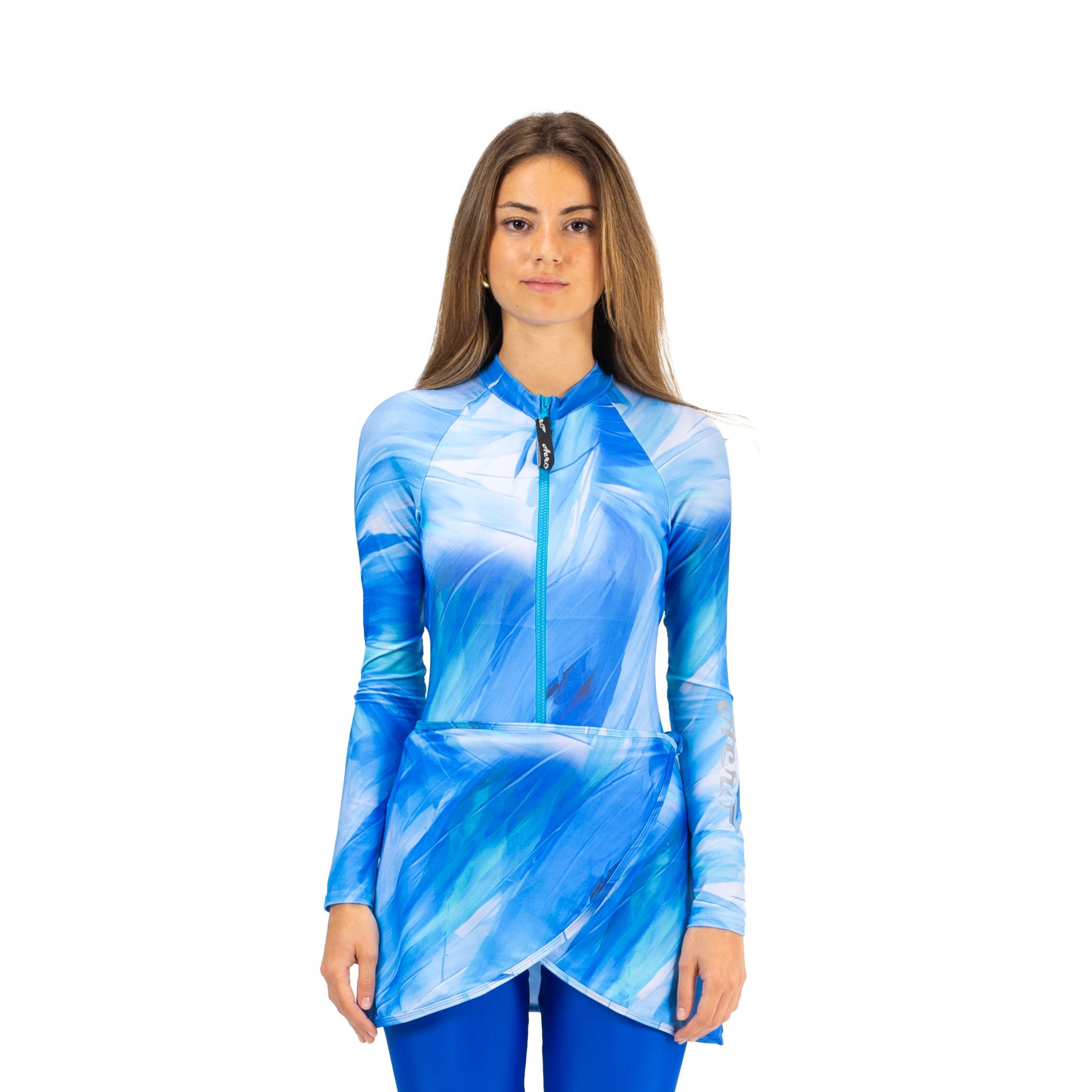 بدلة سباحة أيروبيرد مارينا بأكمام طويلة وتنورة للنساء، أزرق وفيروزي