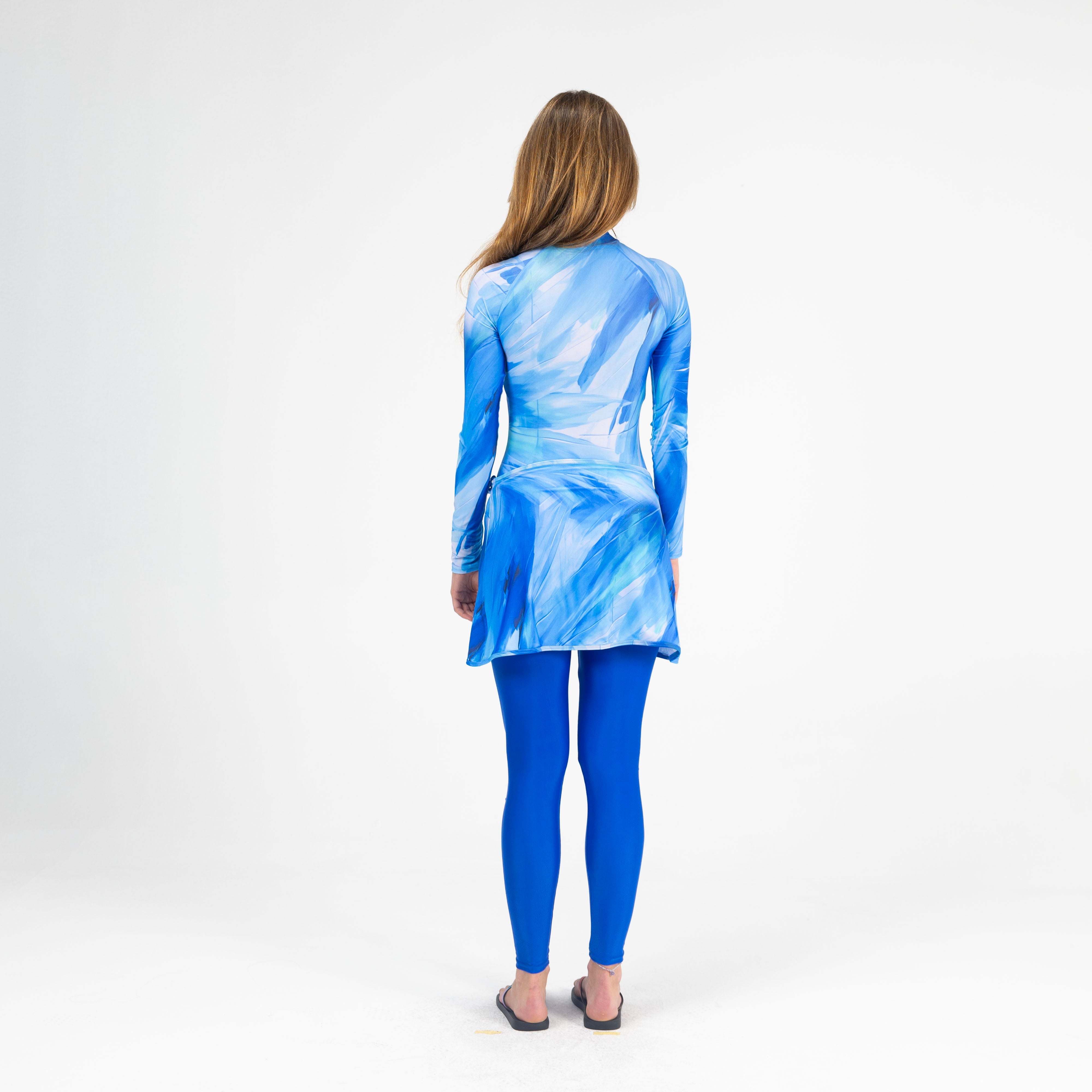 بدلة سباحة أيروبيرد مارينا بأكمام طويلة وتنورة للنساء، أزرق وفيروزي