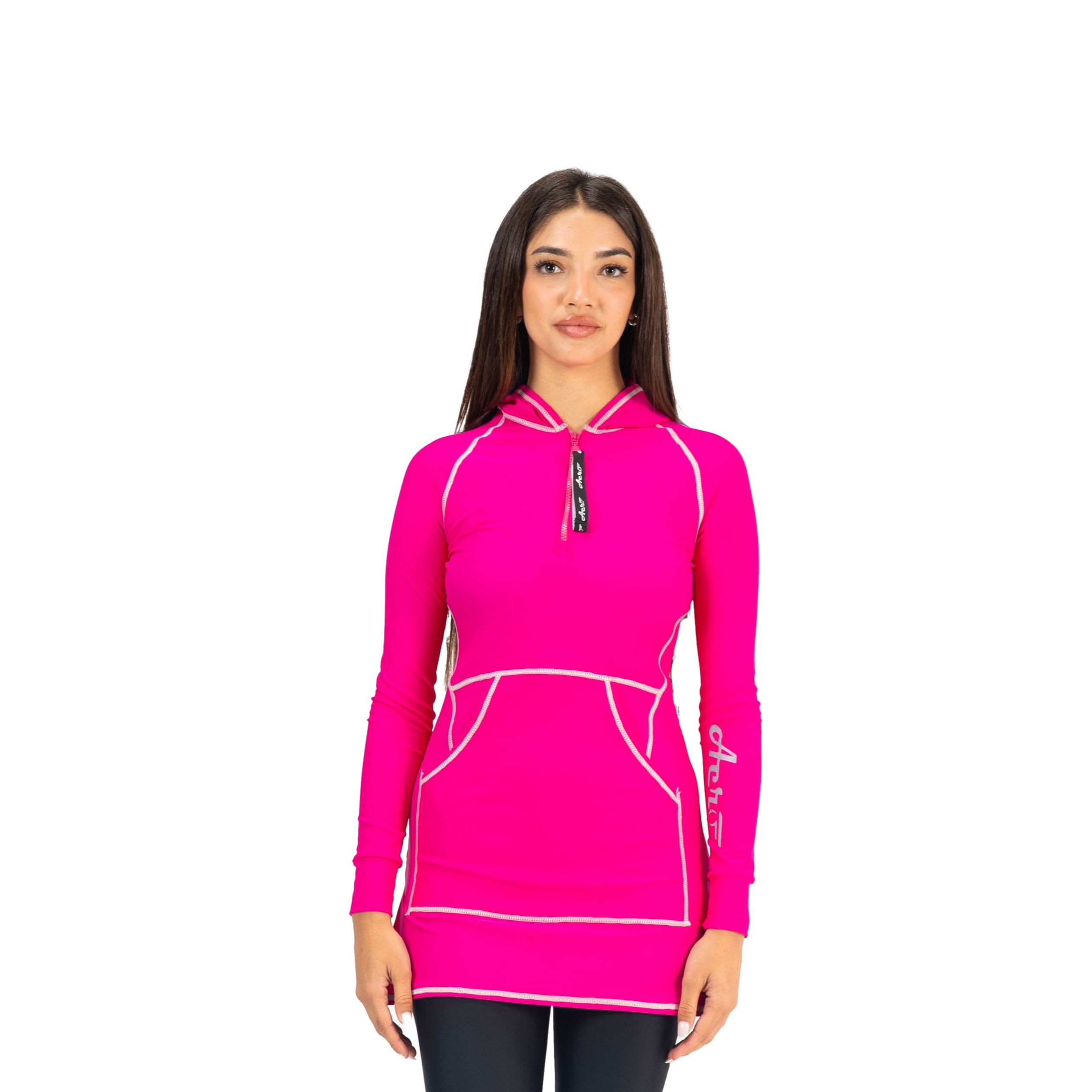 بلوزة أيروبيرد ماليكا بغطاء رأس وأكمام طويلة للنساء، لون فوشيا