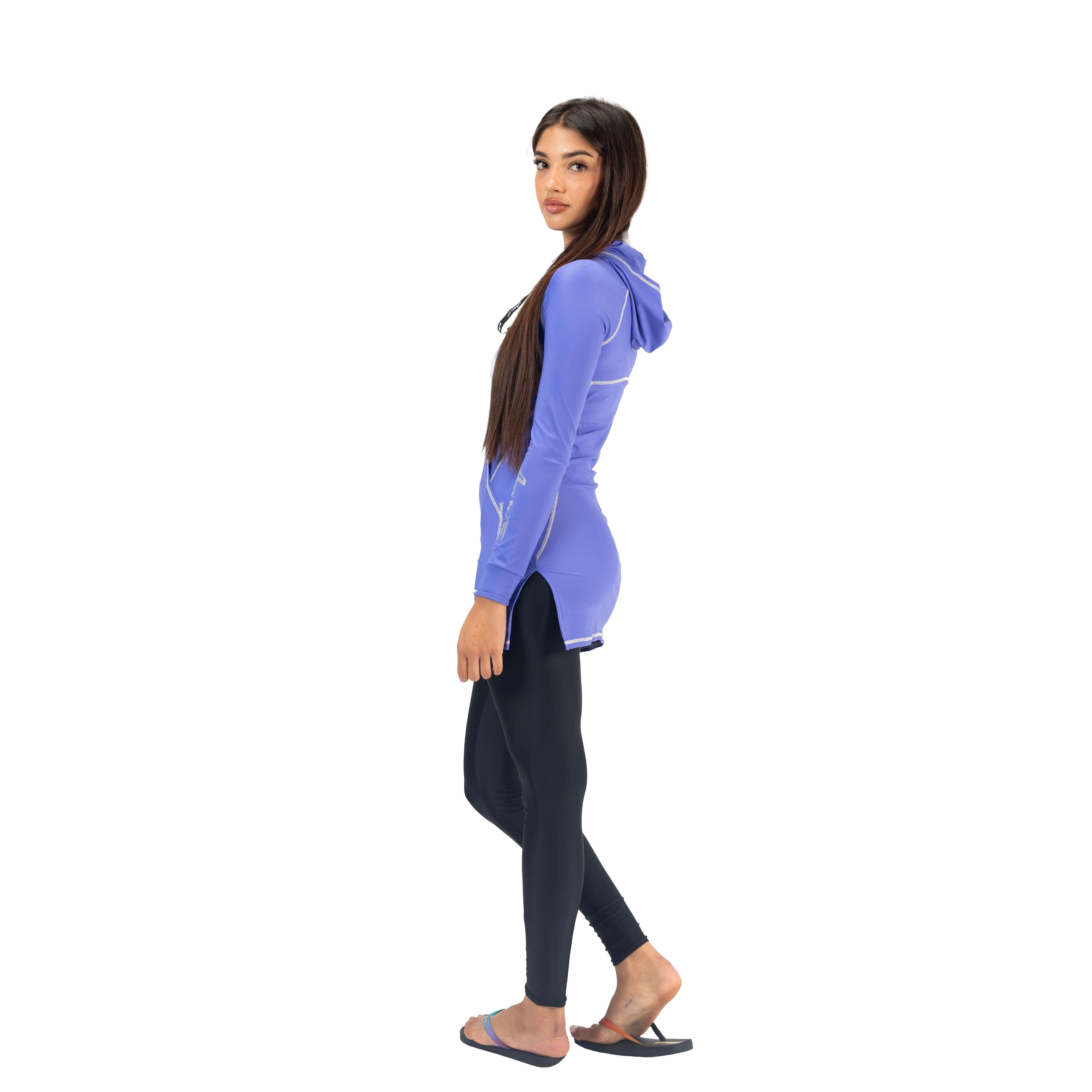 بلوزة أيروبيرد ماليكا بأكمام طويلة وغطاء رأس للنساء، بنفسجي
