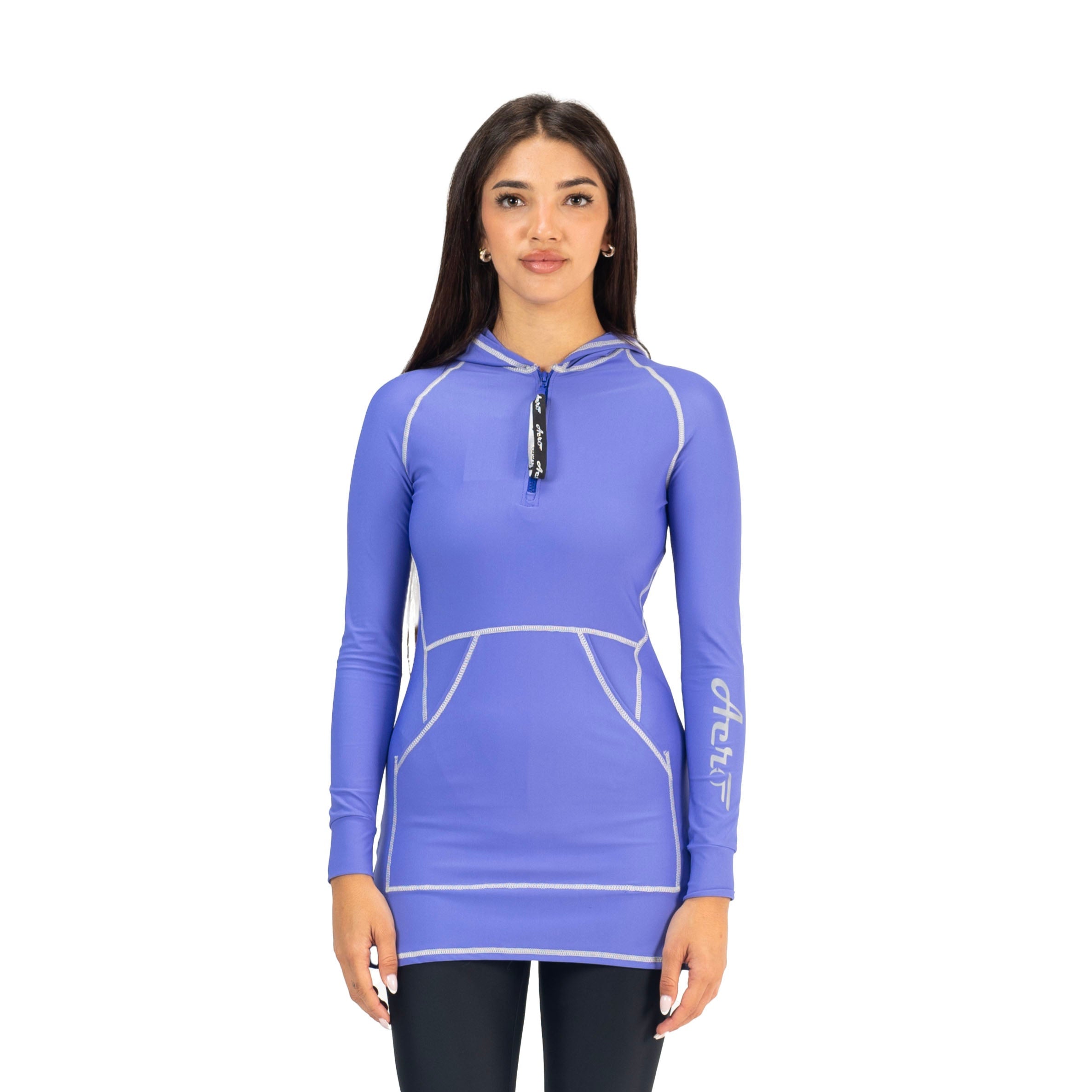 بلوزة أيروبيرد ماليكا بأكمام طويلة وغطاء رأس للنساء، بنفسجي