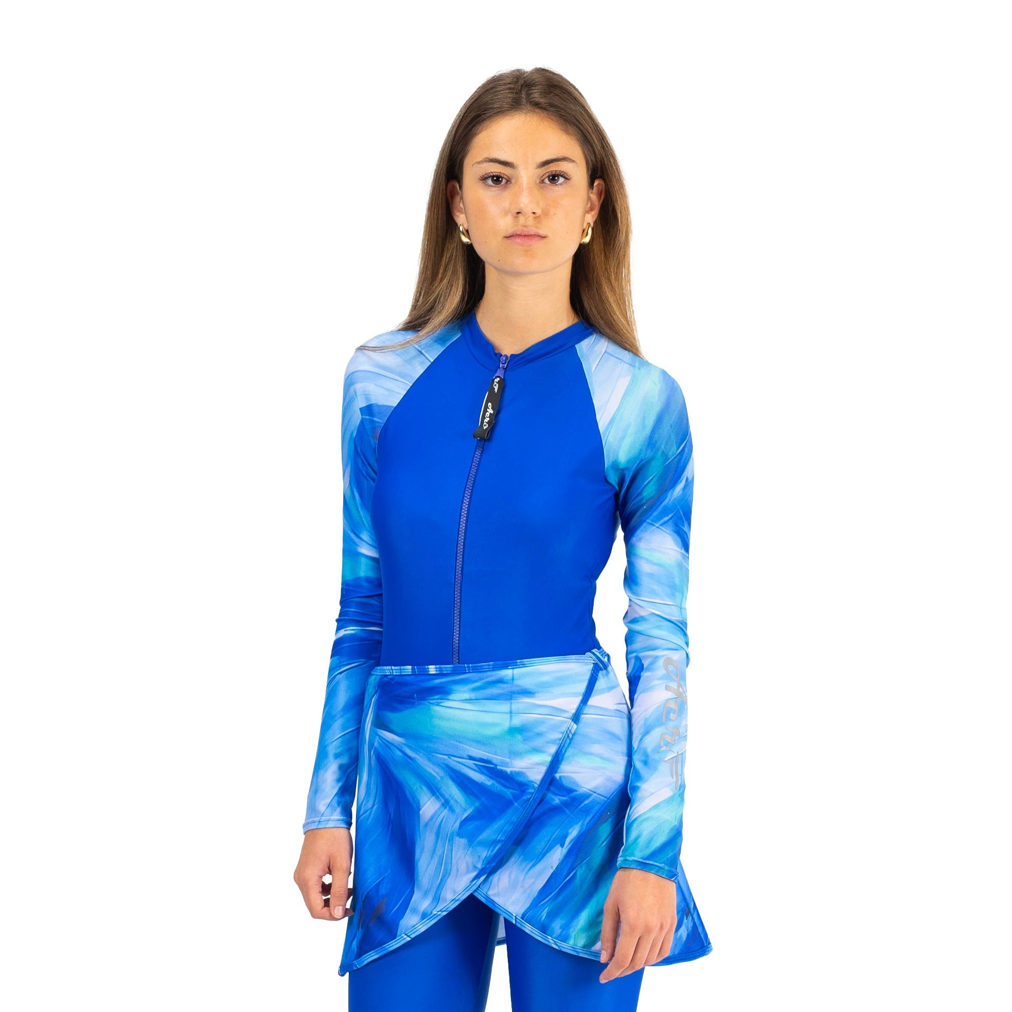 بدلة سباحة نبيهة من أيروبيرد بأكمام طويلة وتنورة للنساء، أزرق وأبيض