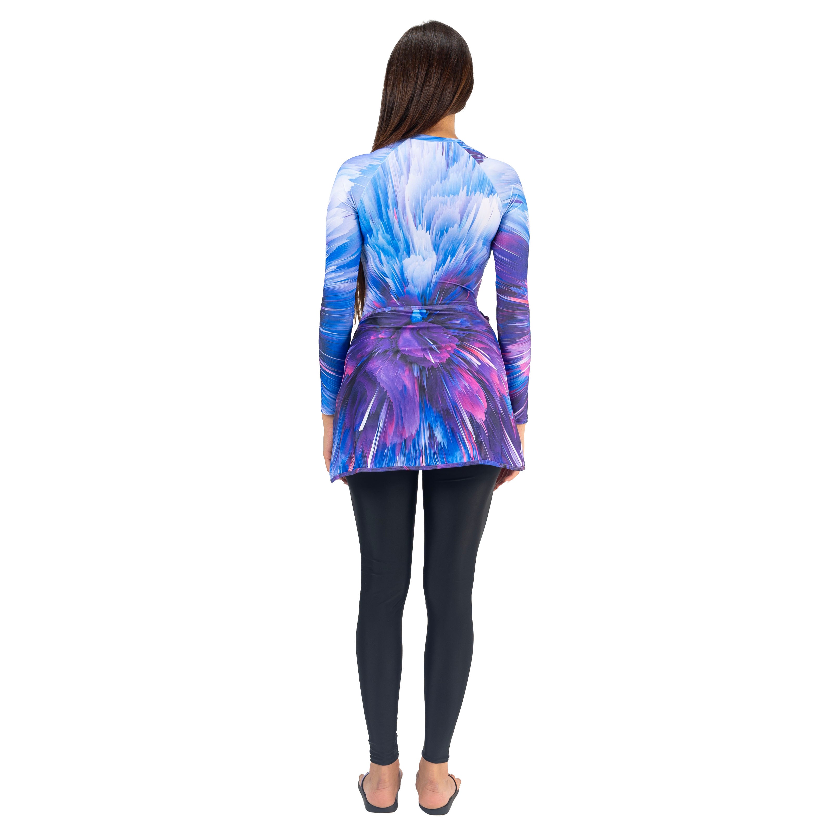 بدلة سباحة أيروبيرد فريدة بأكمام طويلة وتنورة للنساء، بنفسجي وأزرق