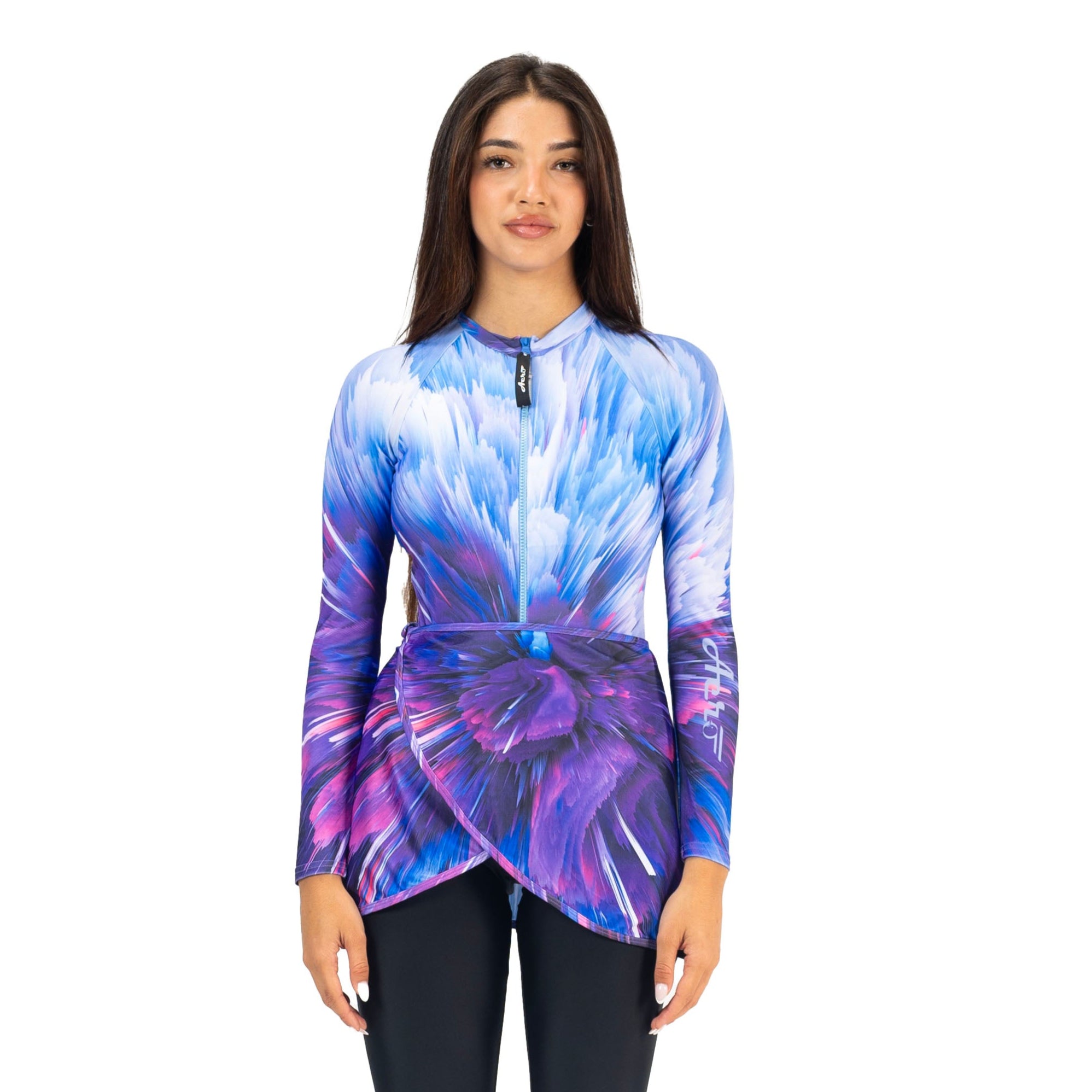 بدلة سباحة أيروبيرد فريدة بأكمام طويلة وتنورة للنساء، بنفسجي وأزرق