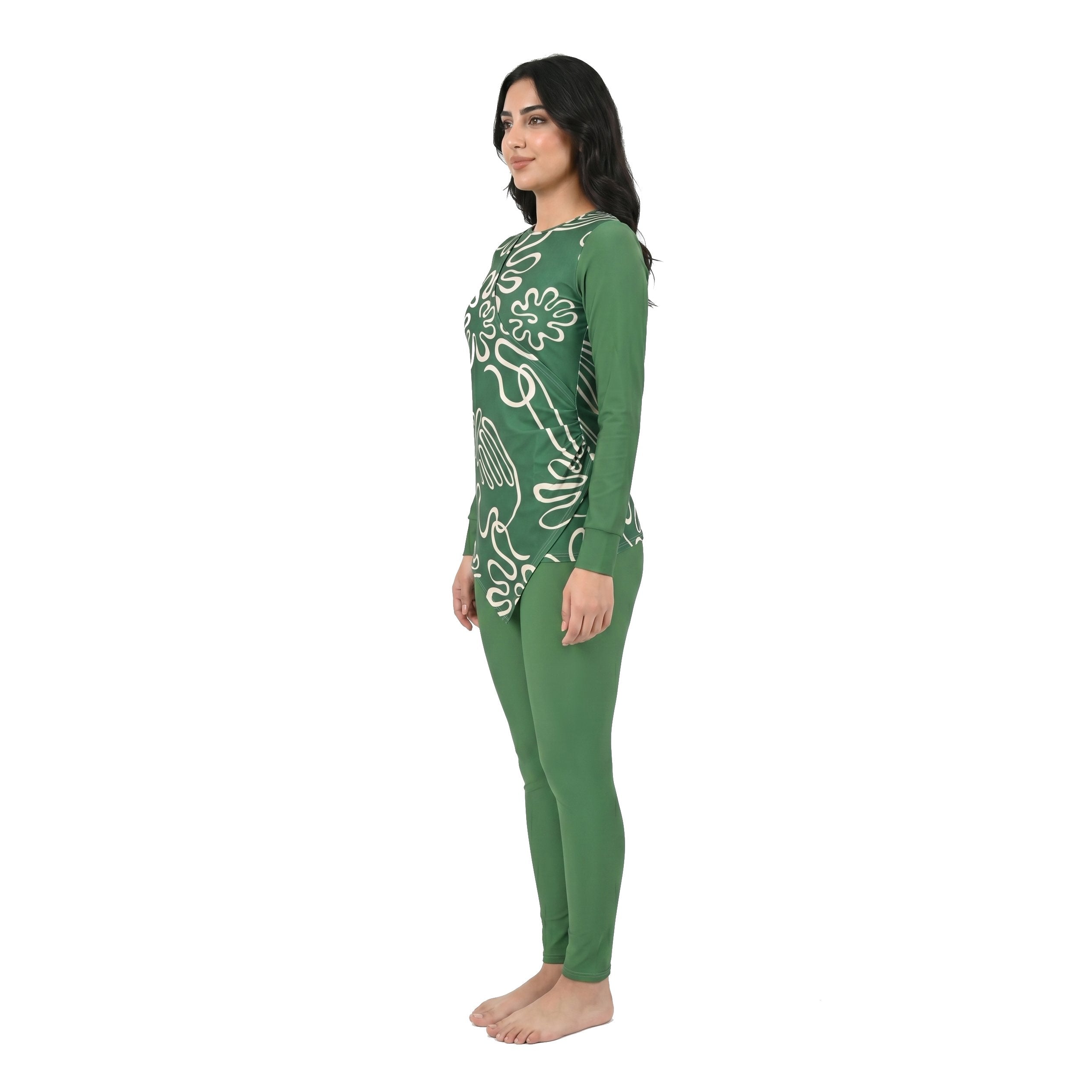Aerobird Burkini Full Set For Women, Green Print&Green