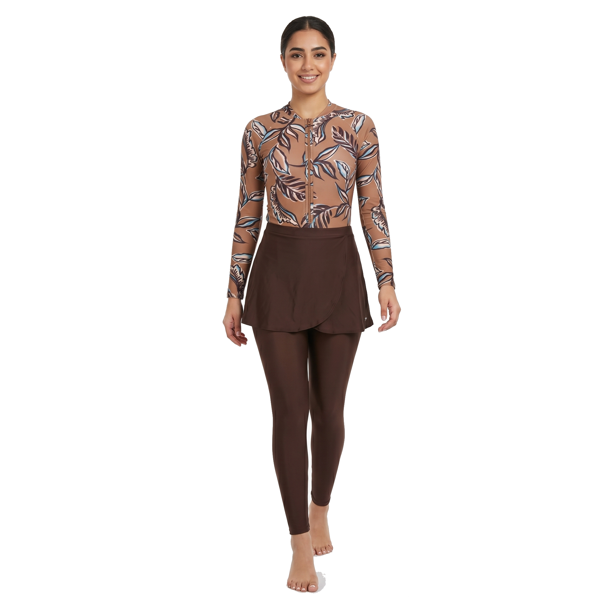 Aerobird Burkini Full Set For Women, Yellow Print&Brown
