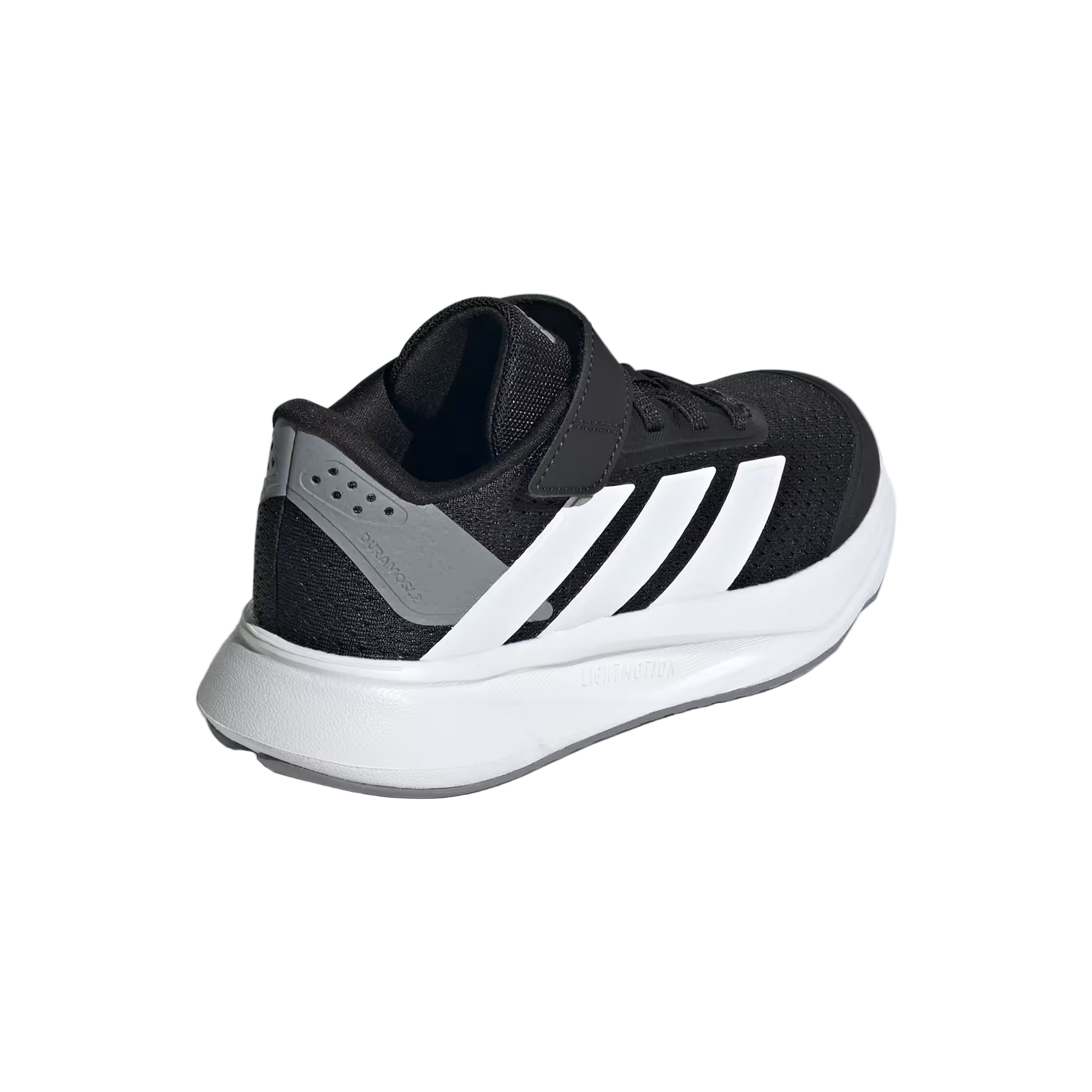 Black and white athletic shoe with three stripes on a light gray background