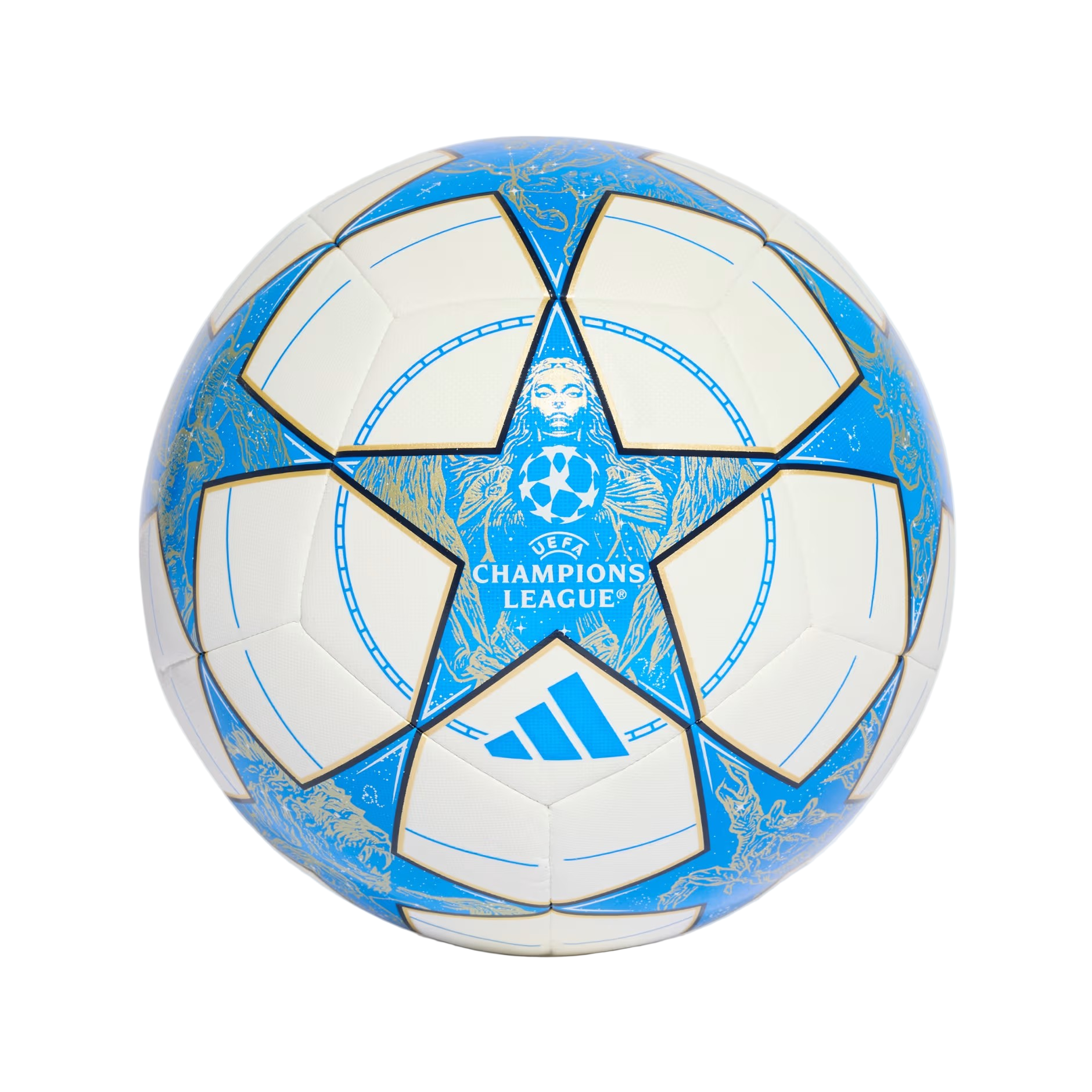 Blue and white soccer ball with Champions League and Adidas logos on a light gray background