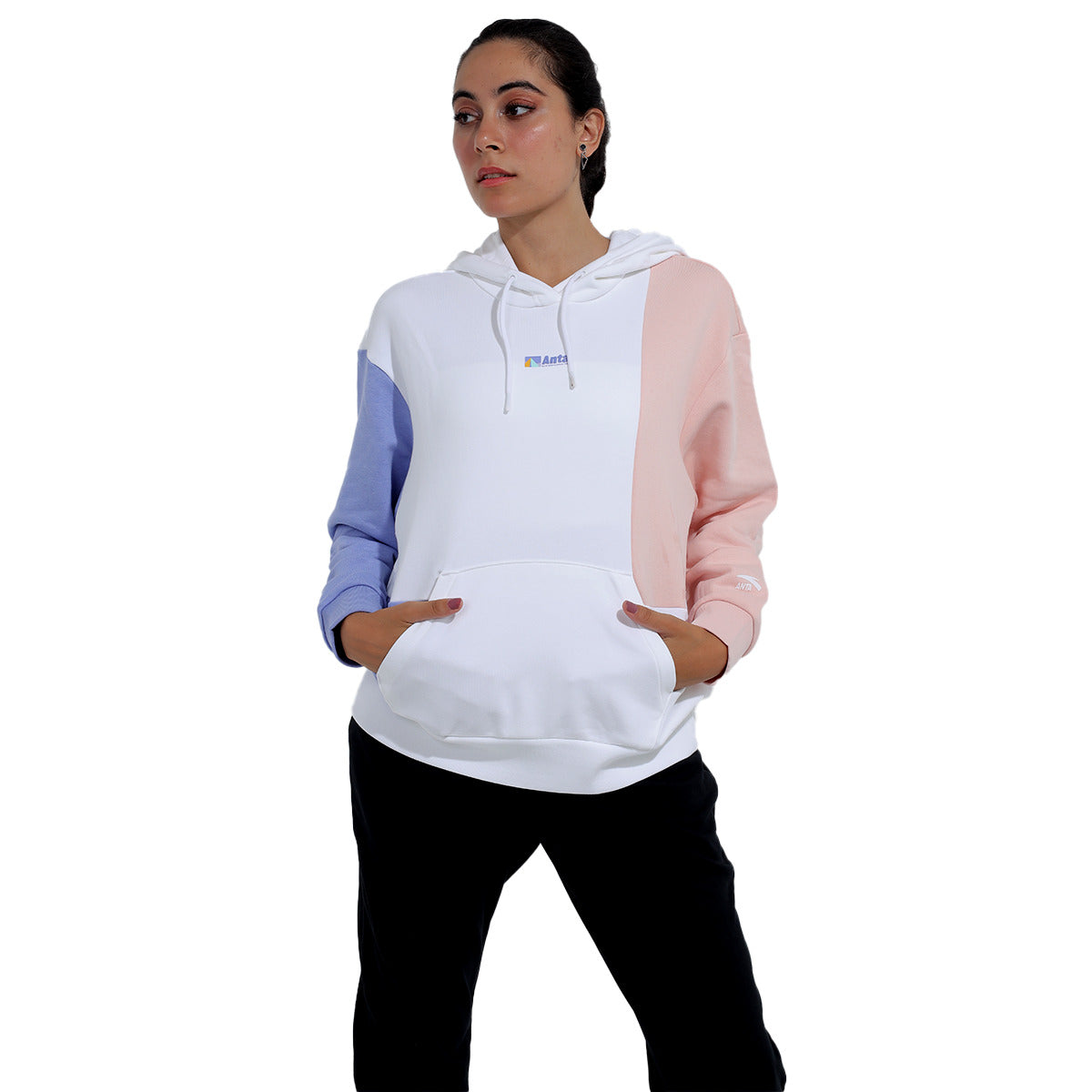 Anta Hooded Sweatshirt For Women, Pink, Blue & White
