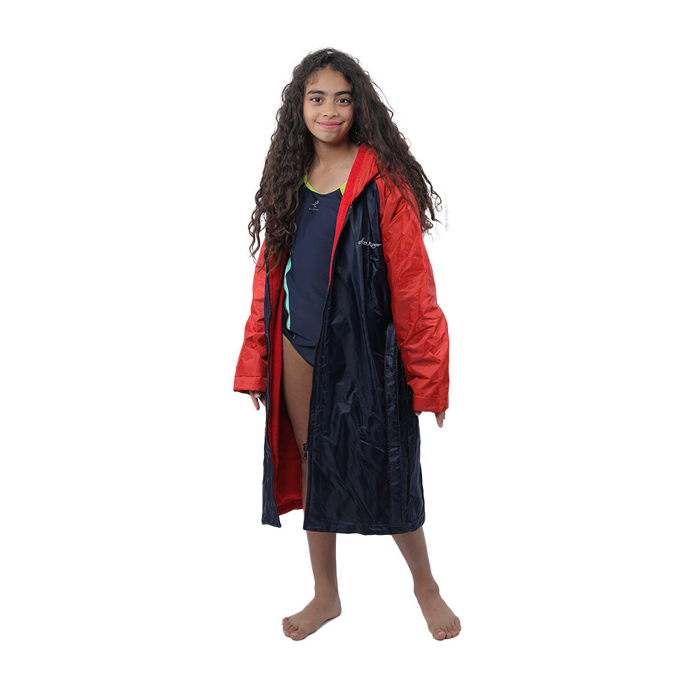 Aerobird Water Proof Robe with Sleeves & Hoodie For Kids, Navy & Red