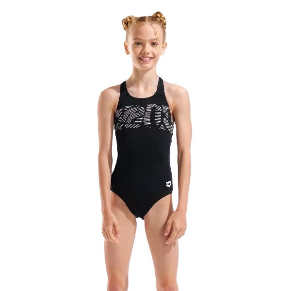Arena Graphic Swimsuit V Bac One Piece For Girls, Black White