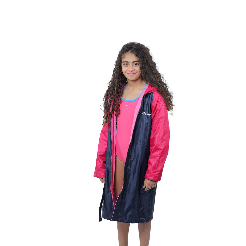 Aerobird Water Proof Robe with Sleeves & Hoodie For Kids, Navy & Fuchsia