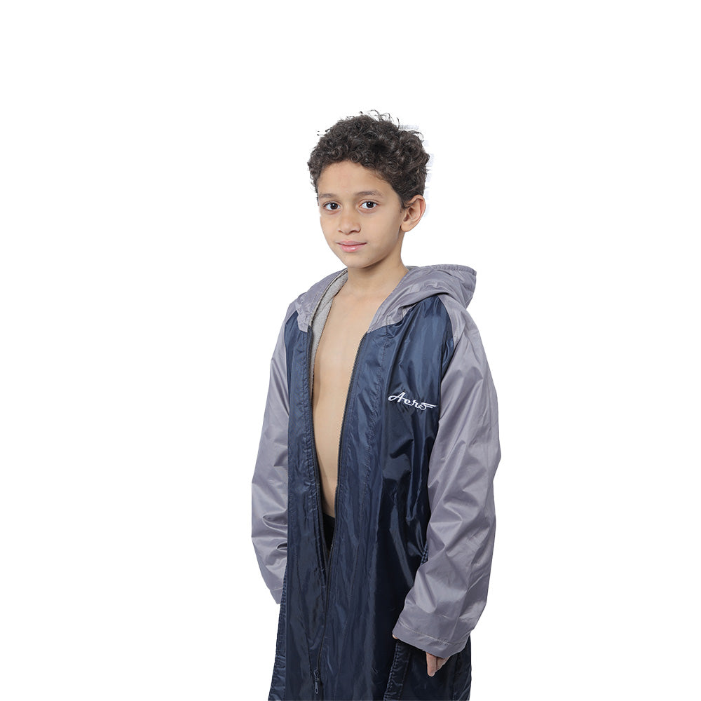 Aerobird Water Proof Robe with Sleeves & Hoodie For Kids, Navy & Grey