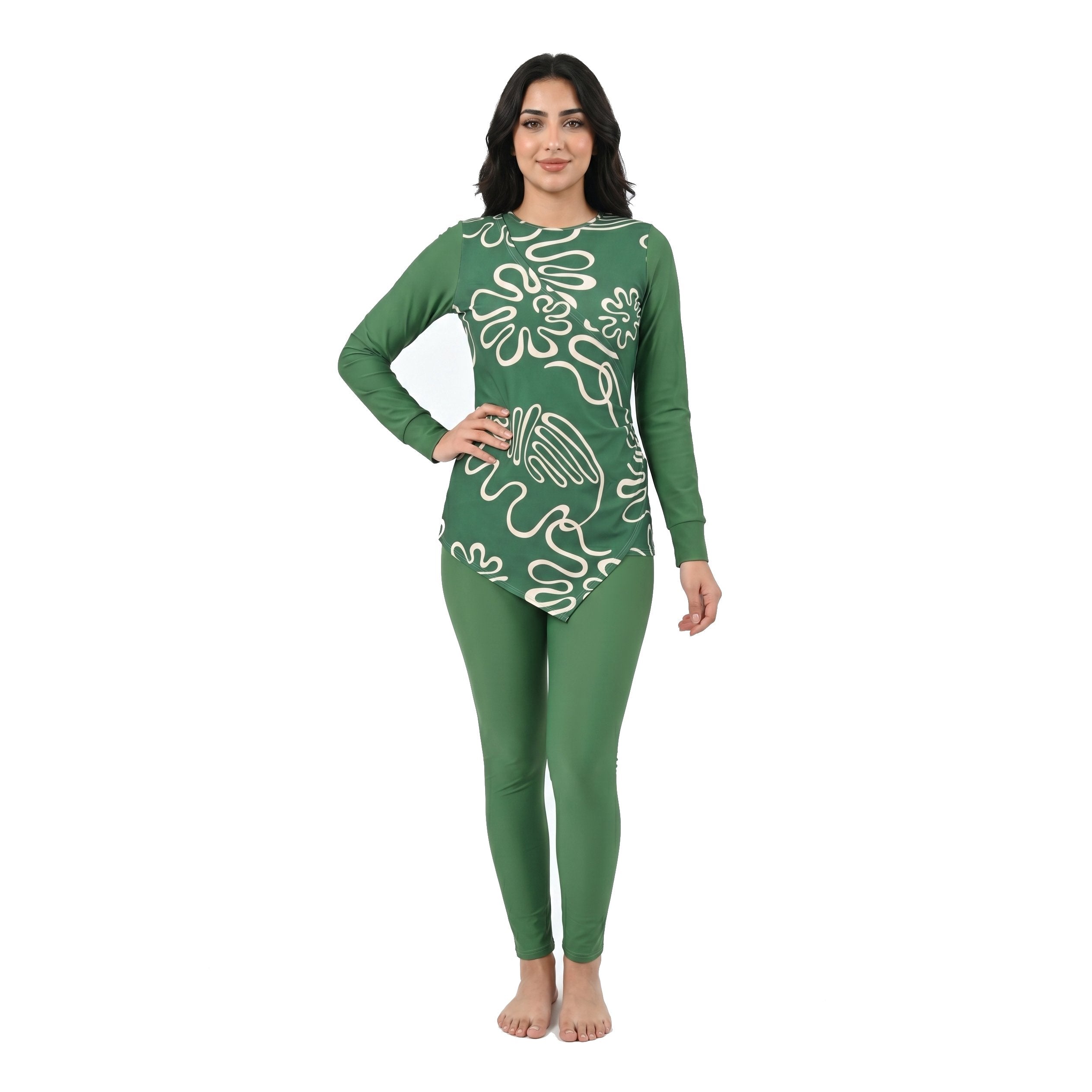 Aerobird Burkini Full Set For Women, Green Print&Green