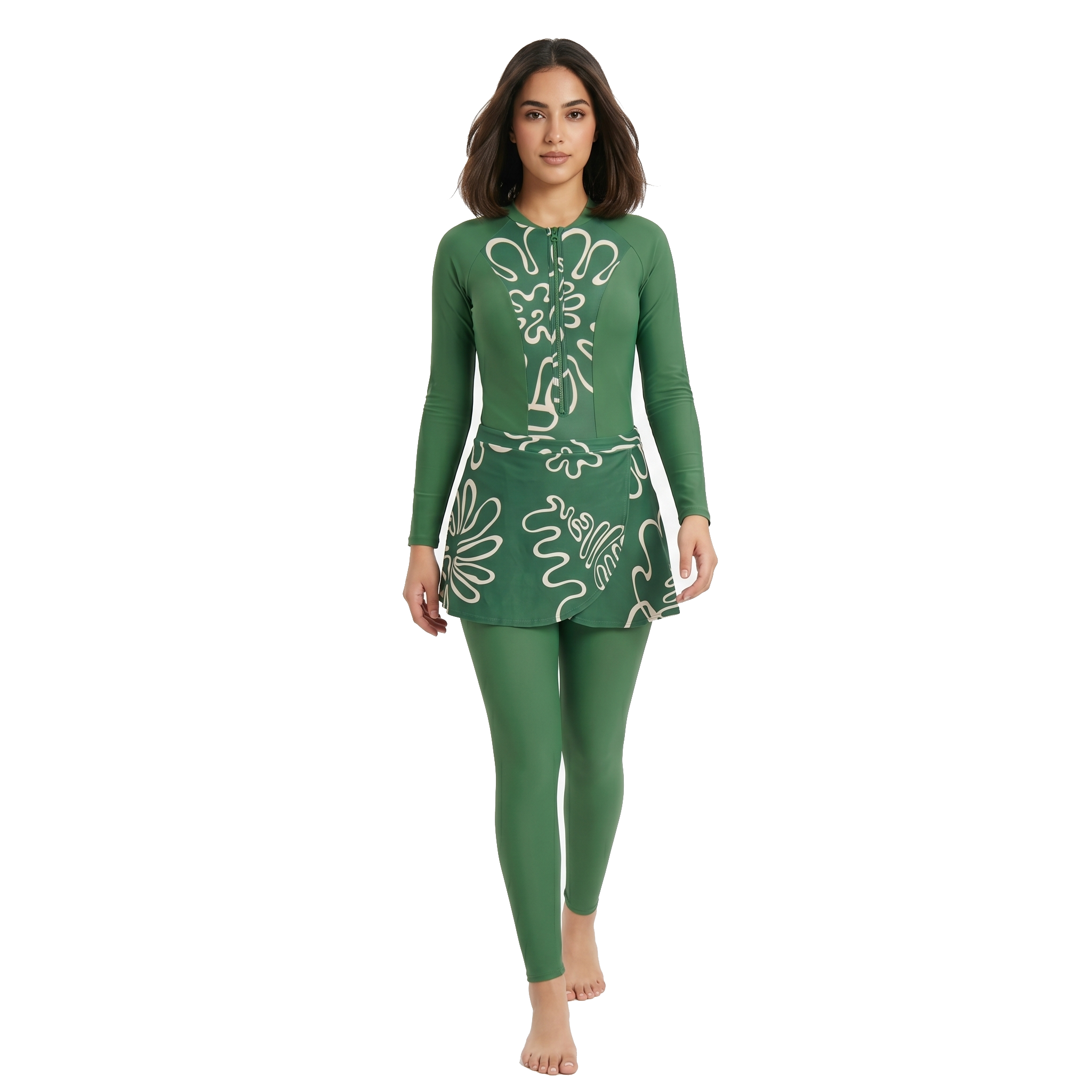 Aerobird Burkini Full Set For Women, Green Print&Green