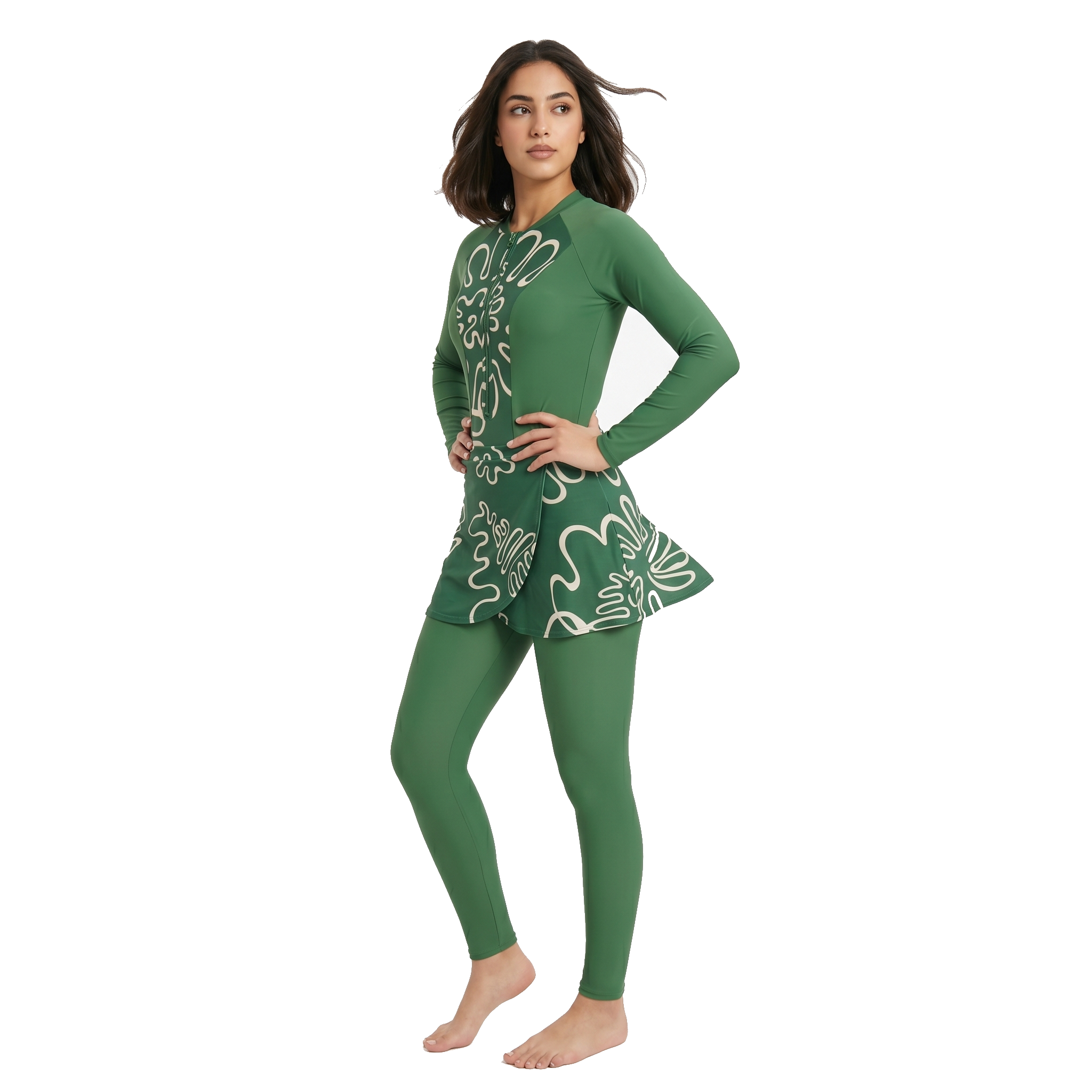 Aerobird Burkini Full Set For Women, Green Print&Green