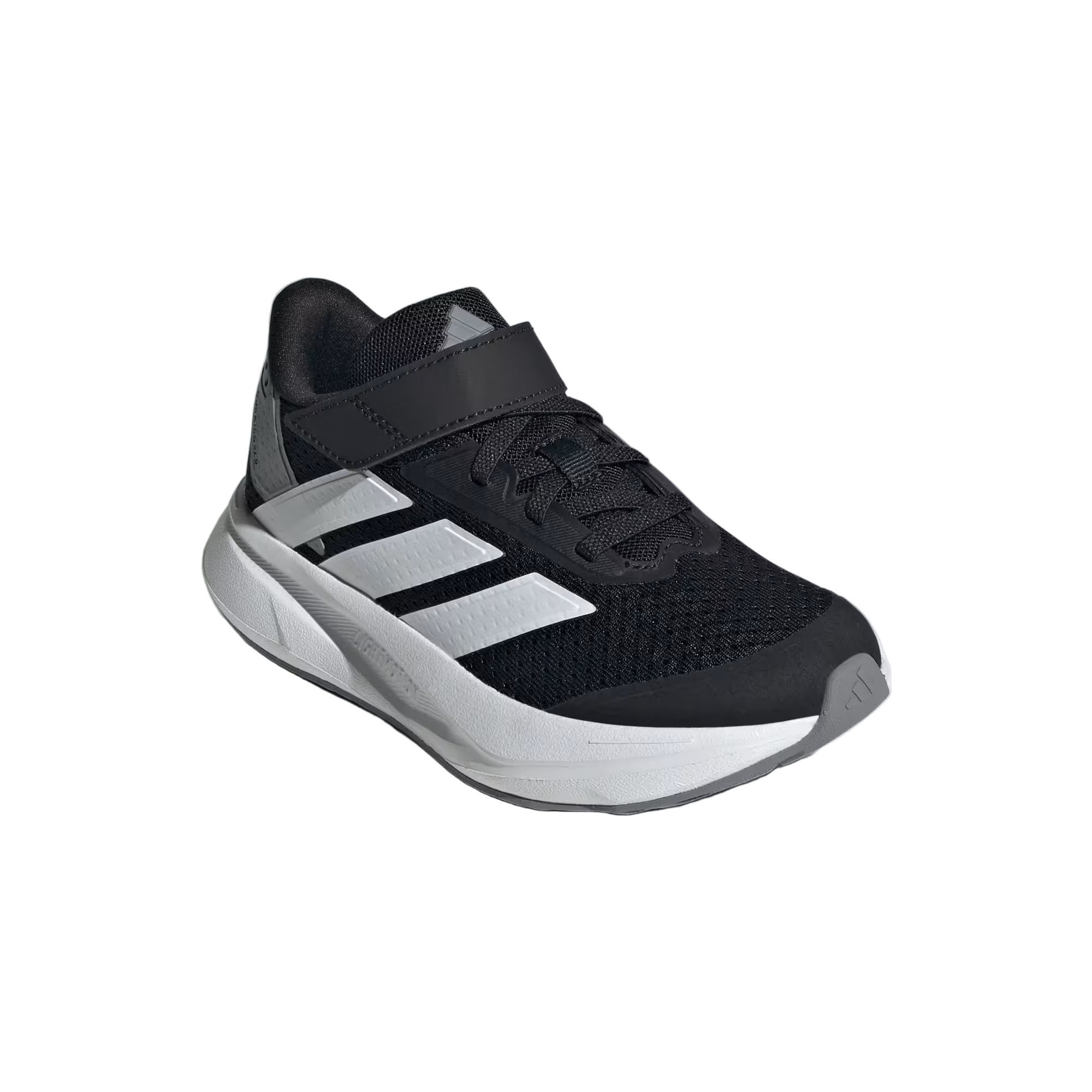 Black and gray sneaker with Adidas logo on a light gray background