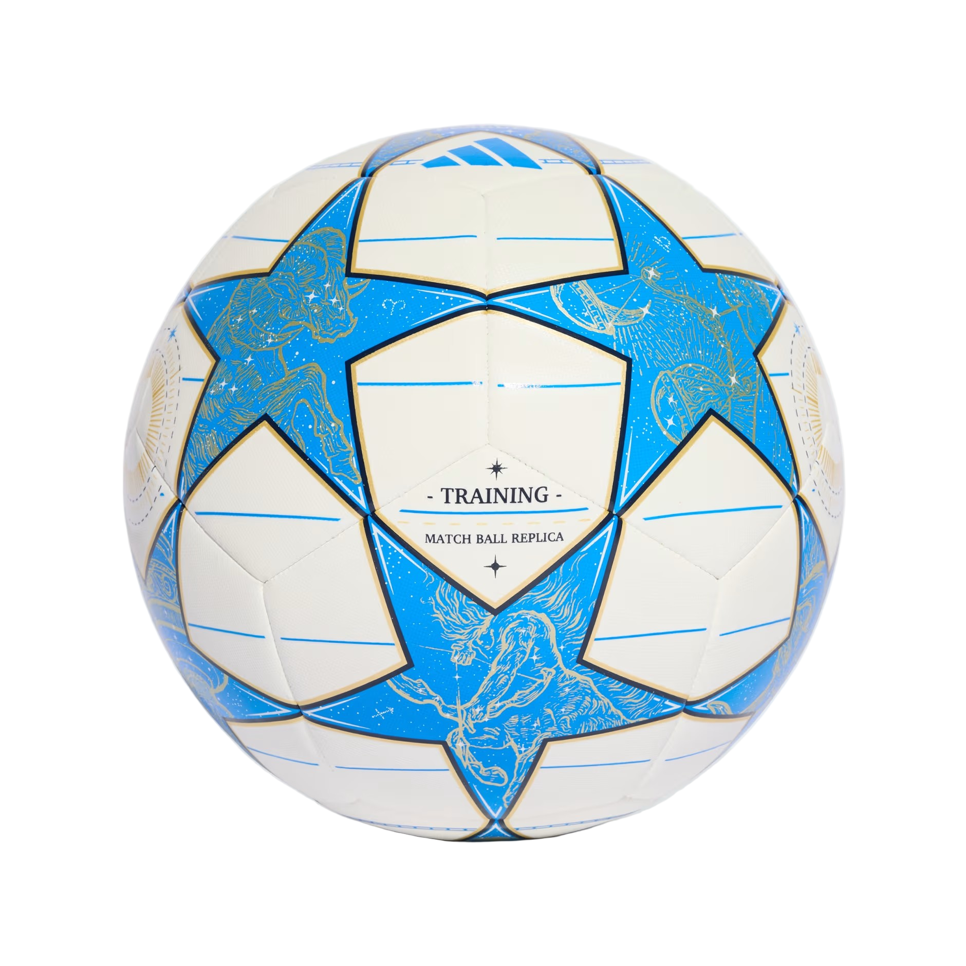 Blue and white soccer ball with Champions League and Adidas logos on a light gray background