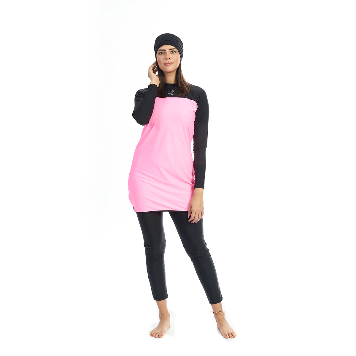 Energetics Full Covered Swimsuit For Women, Top, Pants + Bonnet, Pink & Black - 3 Pieces