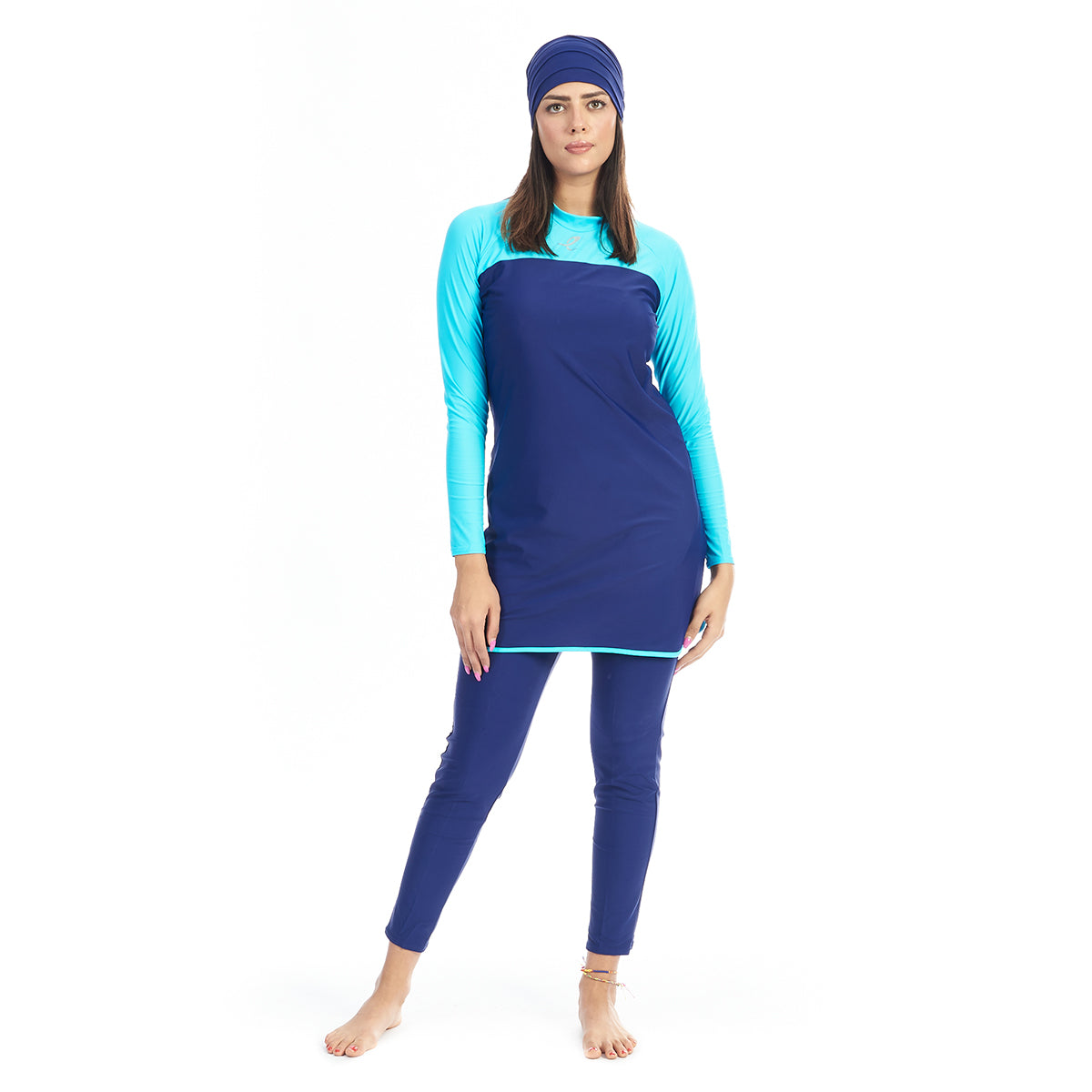 Energetics Full Covered Swimsuit For Women, Top, Pants + Bonnet, Navy & Blue - 3 Pieces